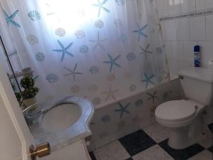La salle de bains est pourvue de toilettes et d'un rideau de douche avec des amidons. dans l'établissement Linda casa con piscina en el quisco., à El Quisco