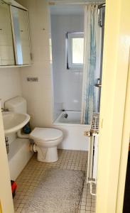 a bathroom with a white toilet and a sink at Ferienwohnung Daliah in Wangels