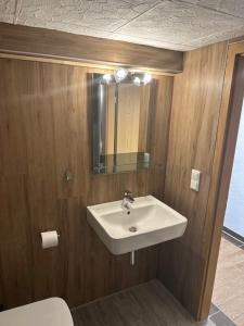 ein Bad mit einem Waschbecken und einem WC in der Unterkunft Zum Segler in Rostock