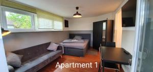 梅青根的住宿－SEVIS Outlet Apartments，带沙发、床和书桌的客厅
