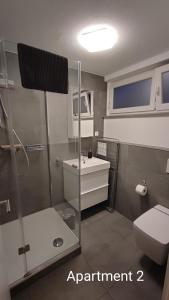 a bathroom with a shower and a sink and a toilet at SEVIS Outlet Apartments in Metzingen