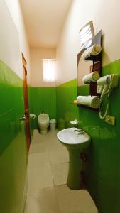 a green bathroom with a sink and a toilet at Hotel Gran Aurum in La Paz