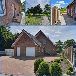 two pictures of a brick house with a garage at Haus am Bürgerpark Hage OG in Hage