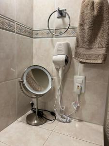 asciugacapelli e specchio in bagno di Finca los Rosales a Parras de la Fuente