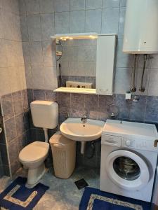 a bathroom with a toilet a sink and a washing machine at Apartment - Sunny Peaks in Pale