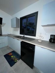 a kitchen with a sink and a tv on the counter at L’étoilée in La Rivière