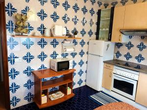 ビラガルシーア・デ・アロウサにあるVILLA _MAR de AROUSA_の青と白のタイルを用いた小さなキッチン