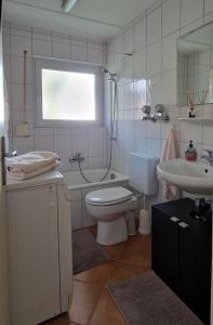 Ferienwohnung Schwarzwaldblick في Vörstetten: حمام مع مرحاض ومغسلة وحوض استحمام