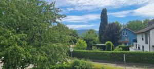 un patio con árboles y una casa azul en Ferienwohnung Schwarzwaldblick, en Vörstetten