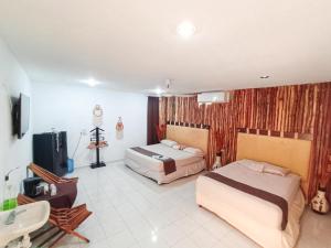 a hotel room with two beds and a television at CASA LILI 2: Luxurious/Amplio/Hot Water/Economic/Wifi/TV in Valladolid