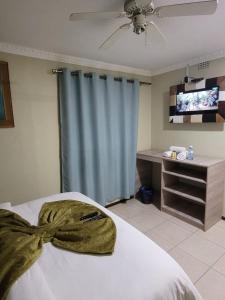 ein Schlafzimmer mit einem Bett und einem blauen Vorhang in der Unterkunft MO MAJOR in Kapstadt