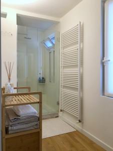 een badkamer met een douche en een glazen douchecabine bij City Center Apartment Piacenza in Piacenza