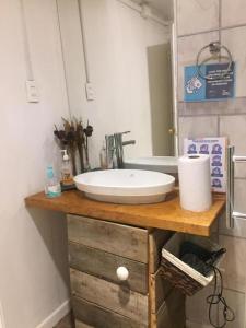 a bathroom counter with a sink and a mirror at Xalpen B&B in Puerto Natales