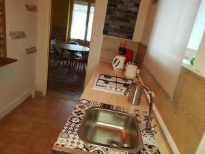 uma cozinha com um lavatório e uma bancada em Gite La maison d'Odette em Saint-Georges-de-Mons
