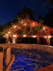 a hot tub with christmas lights in front of a house at Vila cu Ciubar & Jacuzzi - Sunset Hill House in Cuvin