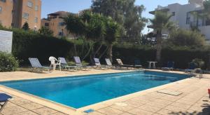 a swimming pool with lounge chairs and a palm tree at Diamond Sea View Penthouse in Paphos