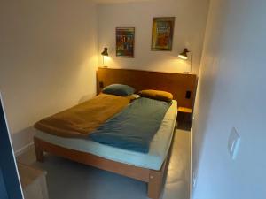 Una cama en una habitación con dos almohadas encima. en Studio 28A5 with free parking place, en Ámsterdam