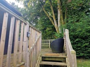 a wooden stairway with a black pot sitting on it at Shepherds Hut - Riverside 1 in Welshpool