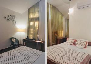 two pictures of a bedroom with a bed and a desk at The Room by Sarwaa in Varkala