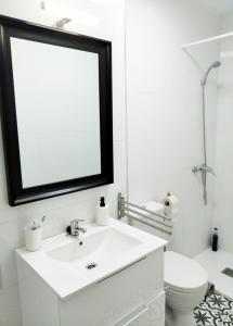 ein weißes Badezimmer mit einem Waschbecken und einem Spiegel in der Unterkunft Tranquilo apartamento de dos dormitorios en pleno centro in Plasencia