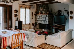 a living room with a couch and a tv at Lovely village house in Polydrossos