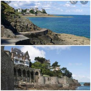 duas fotos de uma casa ao lado do oceano em Maison 3,5km de la plage et proche Mont St Michel em Saint-Broladre