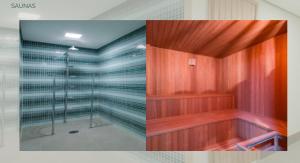 two pictures of a bathroom with a shower at Sky Duplex - Cobertura TOP e Moderna em Condomínio Completo (NOVO) in Sao Paulo