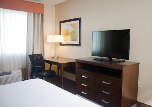 a hotel room with a bed and a television on a dresser at Holiday Inn Express Hotel & Suites Watertown - Thousand Islands, an IHG Hotel in Watertown