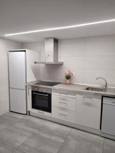 een witte keuken met een koelkast en een wastafel bij Navarreria in Pamplona