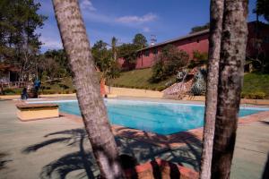 a swimming pool with palm trees in front of a building at Pousada e Camping Carrion in Itu