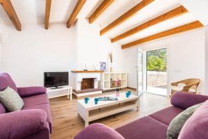 ein Wohnzimmer mit lila Sofas und einem TV in der Unterkunft Villa Mas Alta by Villa Plus in Ferreries