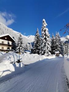 a road covered in snow with trees and a house at Carinthia Appartements in Mallnitz