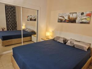 a bedroom with a blue bed and a mirror at Soleil et Océan in Playa Paraiso