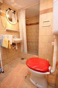 a red toilet with a red seat in a bathroom at Apartments with a parking space Cres - 7984 in Cres