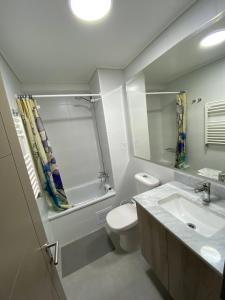 a bathroom with a toilet and a sink and a mirror at Depto al lado de la Playa en el Centro de Pucón in Pucón