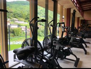 ein Fitnessstudio mit mehreren Fahrrädern neben einem Fenster in der Unterkunft CrossFit Otoyo Strength TINY HOUSE in Otoyocho