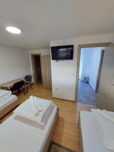 a living room with two beds and a flat screen tv at Cazare Pensiunea Ewo in Moraviţa