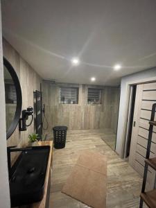 a bathroom with a sink and a mirror at Apartmány Klicperka in Liberec