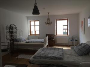 een slaapkamer met 2 bedden en een kroonluchter bij Apartment zur schönen Sophie in Gmunden