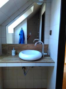 Apartmán na farmě u koní في Milešov: حوض في الحمام مع مرآة كبيرة