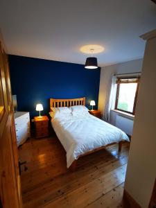a bedroom with a bed with a blue wall at Picturesque Riverside Home in Cahersiveen