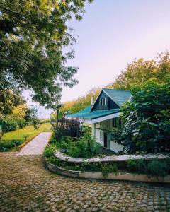 une maison blanche avec un toit bleu et une allée. dans l'établissement Lotus Sapanca-Private Villa with private Pier and heated pool, à Serdivan