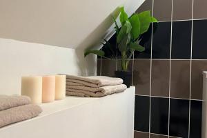 a white shelf with towels and a potted plant at Chez Pierrette à deux pas du Château de Meursault in Meursault