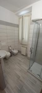 ein Bad mit einer Dusche, einem WC und einem Waschbecken in der Unterkunft Albano Station Rooms in Pavona