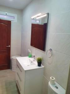 a bathroom with a sink and a mirror and a toilet at Stylish one bedroom apartment near the Drago Tree in Icod de los Vinos