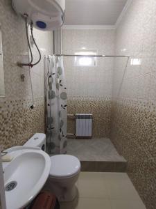 ein Bad mit einem WC, einer Dusche und einem Waschbecken in der Unterkunft Отель Жылдыз in Jalal-Abad