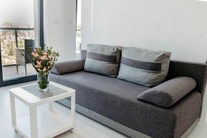 GARDENIA SUPERIOR apartament 33 في جيفنوف: أريكة في غرفة معيشة مع إناء من الزهور على طاولة