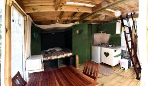 a small green room with a bed and a kitchen at Camping Mare Monti in Sestri Levante