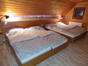 2 camas en una habitación con paredes de madera en koča na pikovem en Črna na Koroškem