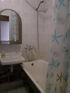 a bathroom with a sink and a tub and a shower curtain at Чорних Запорожців 17, інститут серця in Kyiv